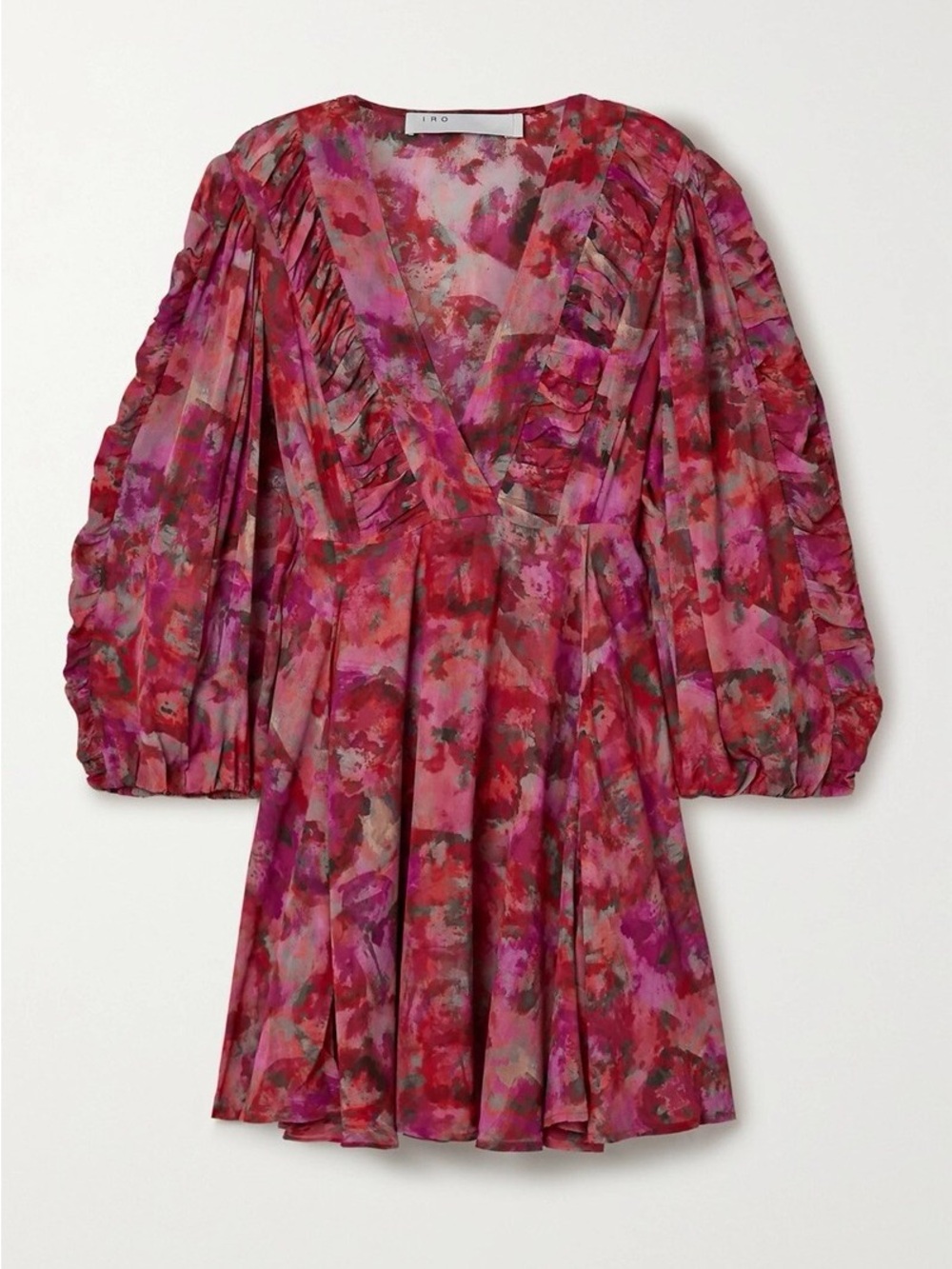 IRO Red & Pink Floral V-Neck Mini Dress with Puff Sleeves